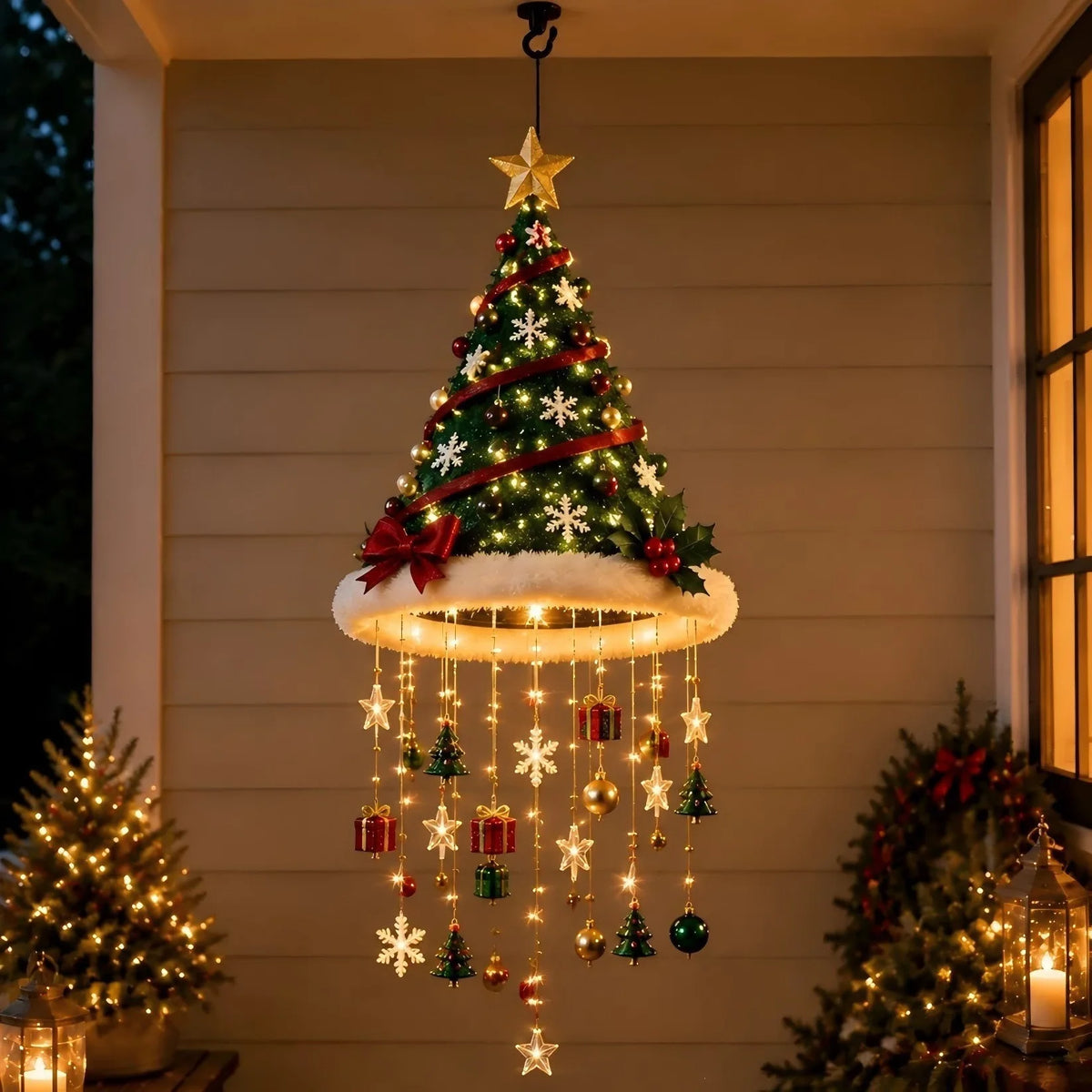 Christmas Santa Hat LED Hanging Light Warm Glowing Chandelier String Lights Xmas Ornament Home Stairway Holiday Party Decor New
