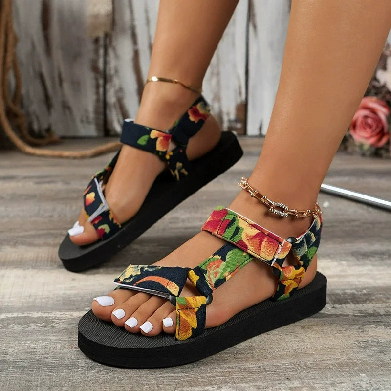 Verano Flat Women's Shoes Outdoor Sandalias Casuales Mujeres Zapatillas Cóñamo Set Foot Beach Sandalias Grande Tamaño Gancho Y Lazo Sandalias