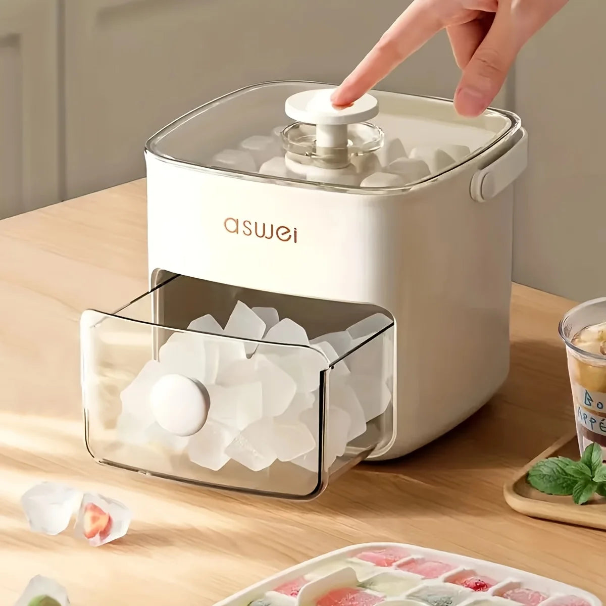 Hielera Doble Capa para 48 Cubos de Hielo con Tapa Prensa para Bebidas y Postres