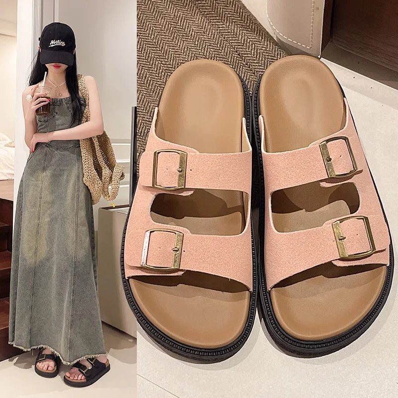 Smile Sandalias de mujer Nuevas sandalias de plataforma de suela suave de verano Zapatillas de estilo romano con hebilla de cinturón populares Zapatillas planas