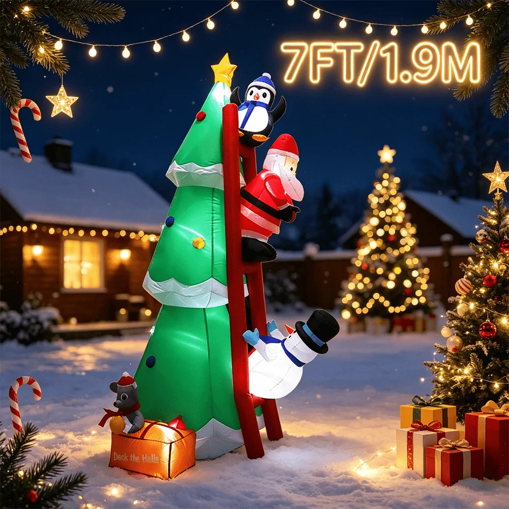 Christmas Inflatable DIY Decor Outdoor Giant Xmas Tree 7FT Lighted Blow Up Santa Claus Climbing Tree for HolidayYard Decor