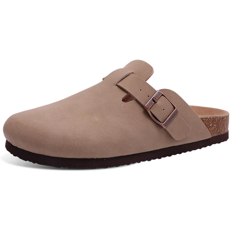Asgard Mujeres Cork Sole Zuecos Zapatillas Moda Vaca Gamuza Plana Mulas Con Hebilla Ajustable Hombres Zapatos De Patata De Cuero Sandalias De Playa