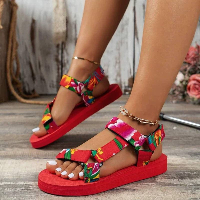 Verano Flat Women's Shoes Outdoor Sandalias Casuales Mujeres Zapatillas Cóñamo Set Foot Beach Sandalias Grande Tamaño Gancho Y Lazo Sandalias