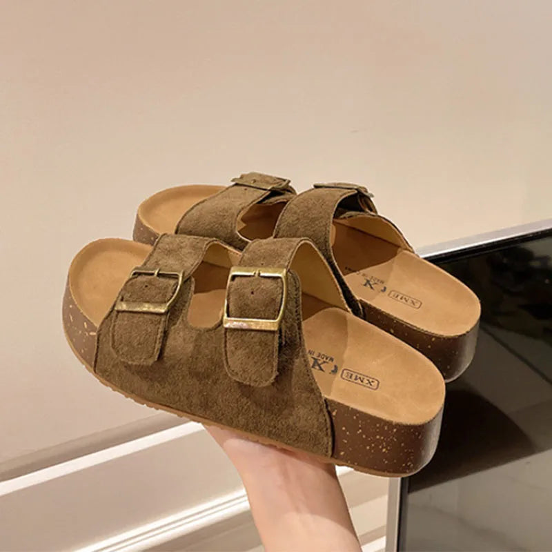 Smile Sandalias de mujer Nuevas sandalias de plataforma de suela suave de verano Zapatillas de estilo romano con hebilla de cinturón populares Zapatillas planas