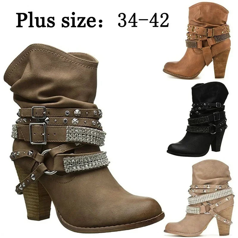 Otoño Invierno Nuevas Mujeres Mid-Calf Boots Remache Metal Decoración PU Correa Cuadrada de Tacón Plisado Sexy Plus Tamaño 36-43 Mujeres Zapatos