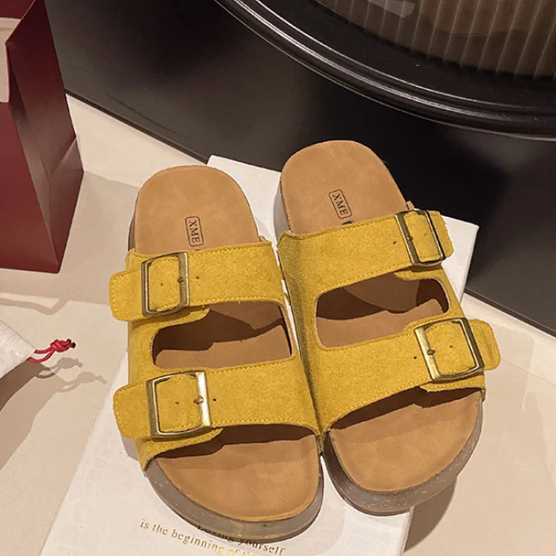 Smile Sandalias de mujer Nuevas sandalias de plataforma de suela suave de verano Zapatillas de estilo romano con hebilla de cinturón populares Zapatillas planas