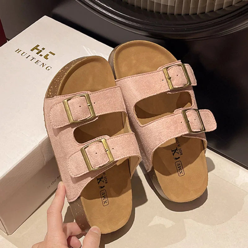Smile Sandalias de mujer Nuevas sandalias de plataforma de suela suave de verano Zapatillas de estilo romano con hebilla de cinturón populares Zapatillas planas