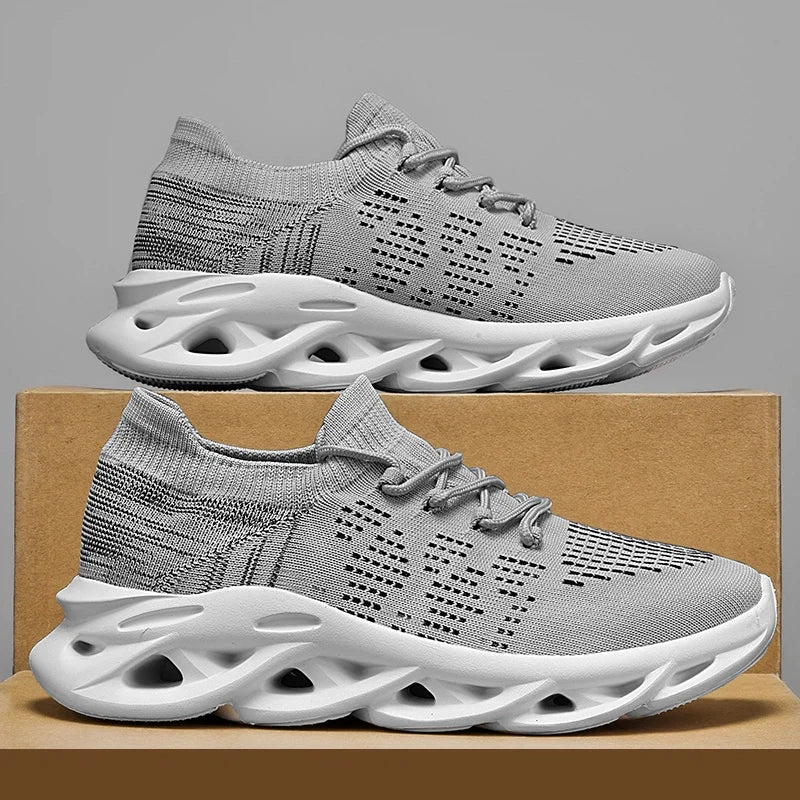 Zapatos de running grises de moda Unisex Knit Plataforma transpirable Casual de los hombres Zapatillas al aire libre antideslizantes con cordones Zapatos deportivos de las mujeres