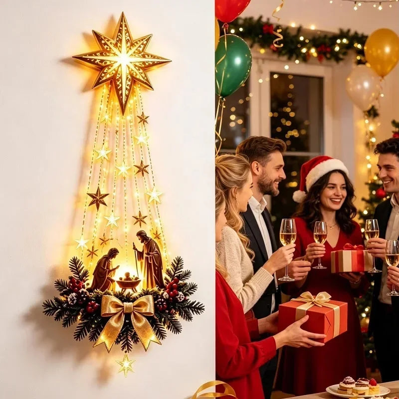 Pesebre de Pared Iluminado Navideño con Luces LED y Estrella de Belén Colgante