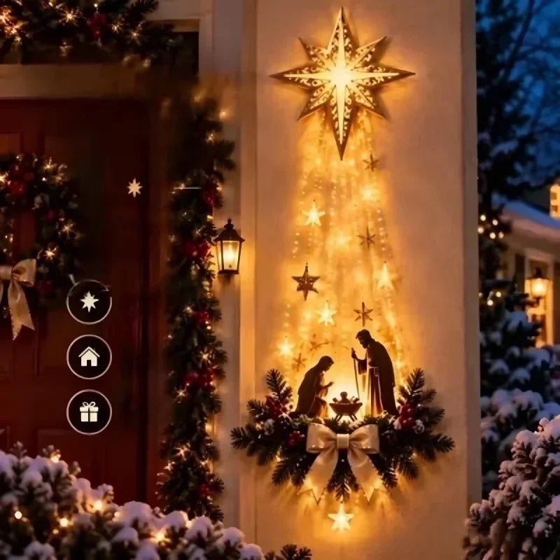Pesebre de Pared Iluminado Navideño con Luces LED y Estrella de Belén Colgante