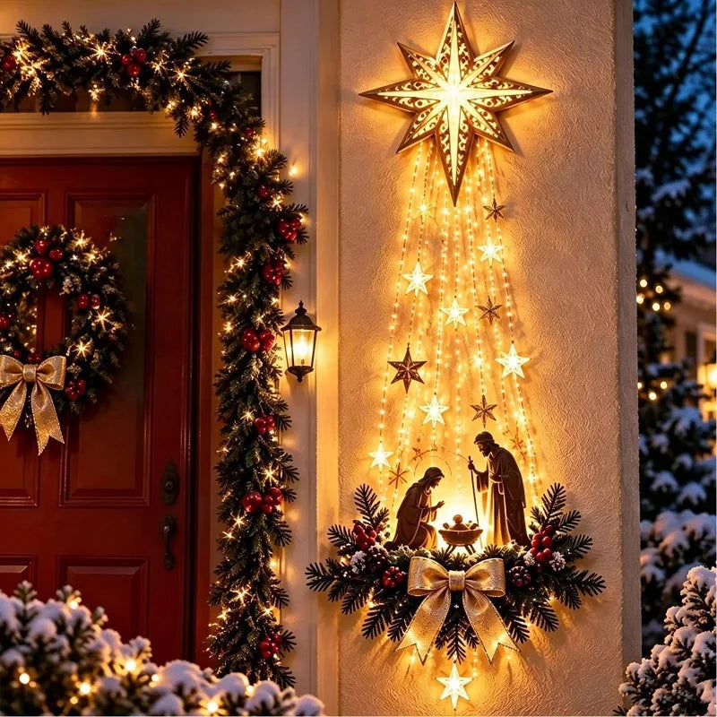 Pesebre de Pared Iluminado Navideño con Luces LED y Estrella de Belén Colgante