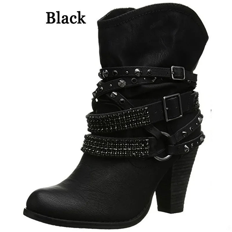 Otoño Invierno Nuevas Mujeres Mid-Calf Boots Remache Metal Decoración PU Correa Cuadrada de Tacón Plisado Sexy Plus Tamaño 36-43 Mujeres Zapatos