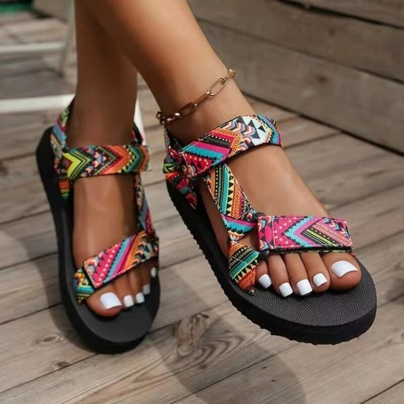 Verano Flat Women's Shoes Outdoor Sandalias Casuales Mujeres Zapatillas Cóñamo Set Foot Beach Sandalias Grande Tamaño Gancho Y Lazo Sandalias