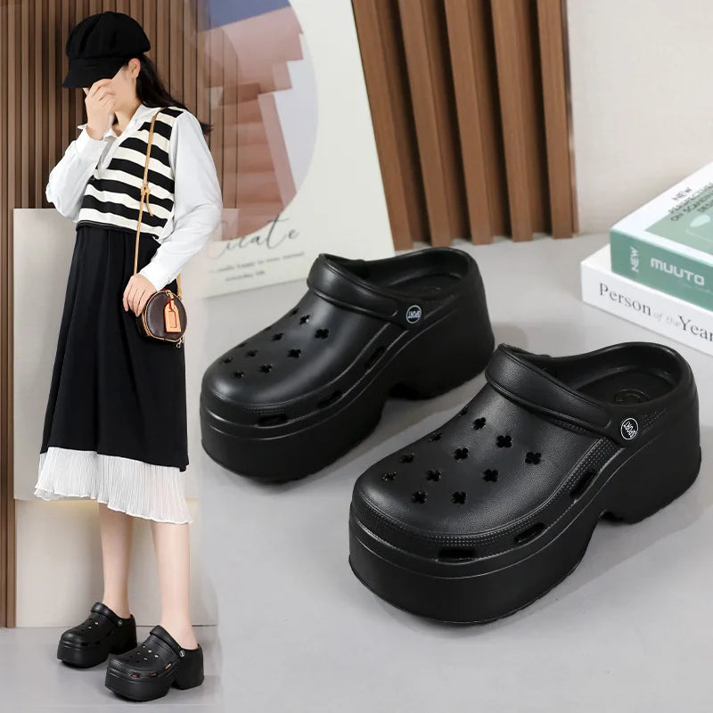 9CM grueso sandalias de las mujeres 2024 nuevas zapatillas de verano de tacón alto suave suela de playa zapatos de jardín al aire libre impermeable zapatos de agujero de las mujeres