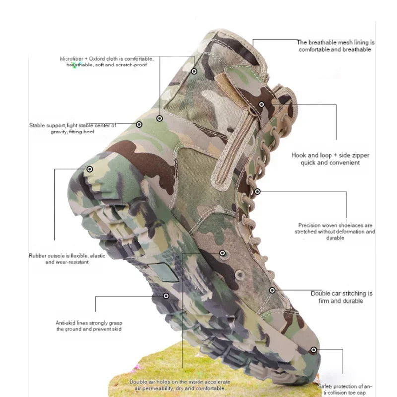Impermeable Hombres Botas Con Cordones Botas Al Aire Libre Botas Transpirable Lona Camuflaje Táctico Combat Desert Zapatos De Tobillo D139