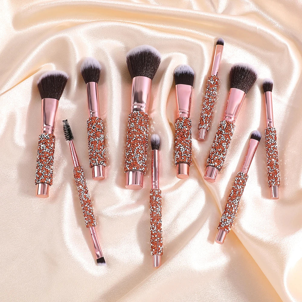 5pcs/10pcs Luxury Rhinestone-encrusted Makeup Brushes Set with Rose Gold PU Bag Portable Travel Beauty Tools for Women