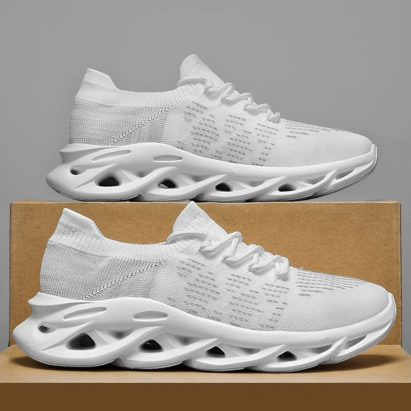 Zapatos de running grises de moda Unisex Knit Plataforma transpirable Casual de los hombres Zapatillas al aire libre antideslizantes con cordones Zapatos deportivos de las mujeres
