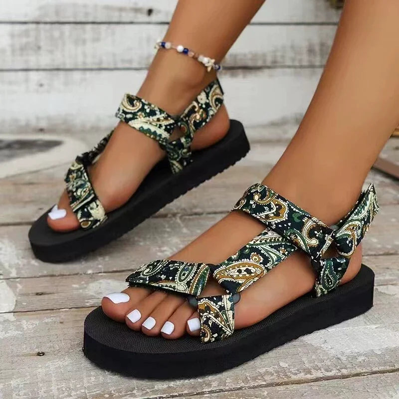 Verano Flat Women's Shoes Outdoor Sandalias Casuales Mujeres Zapatillas Cóñamo Set Foot Beach Sandalias Grande Tamaño Gancho Y Lazo Sandalias