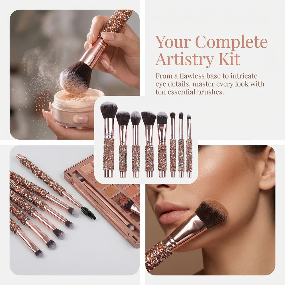 5pcs/10pcs Luxury Rhinestone-encrusted Makeup Brushes Set with Rose Gold PU Bag Portable Travel Beauty Tools for Women