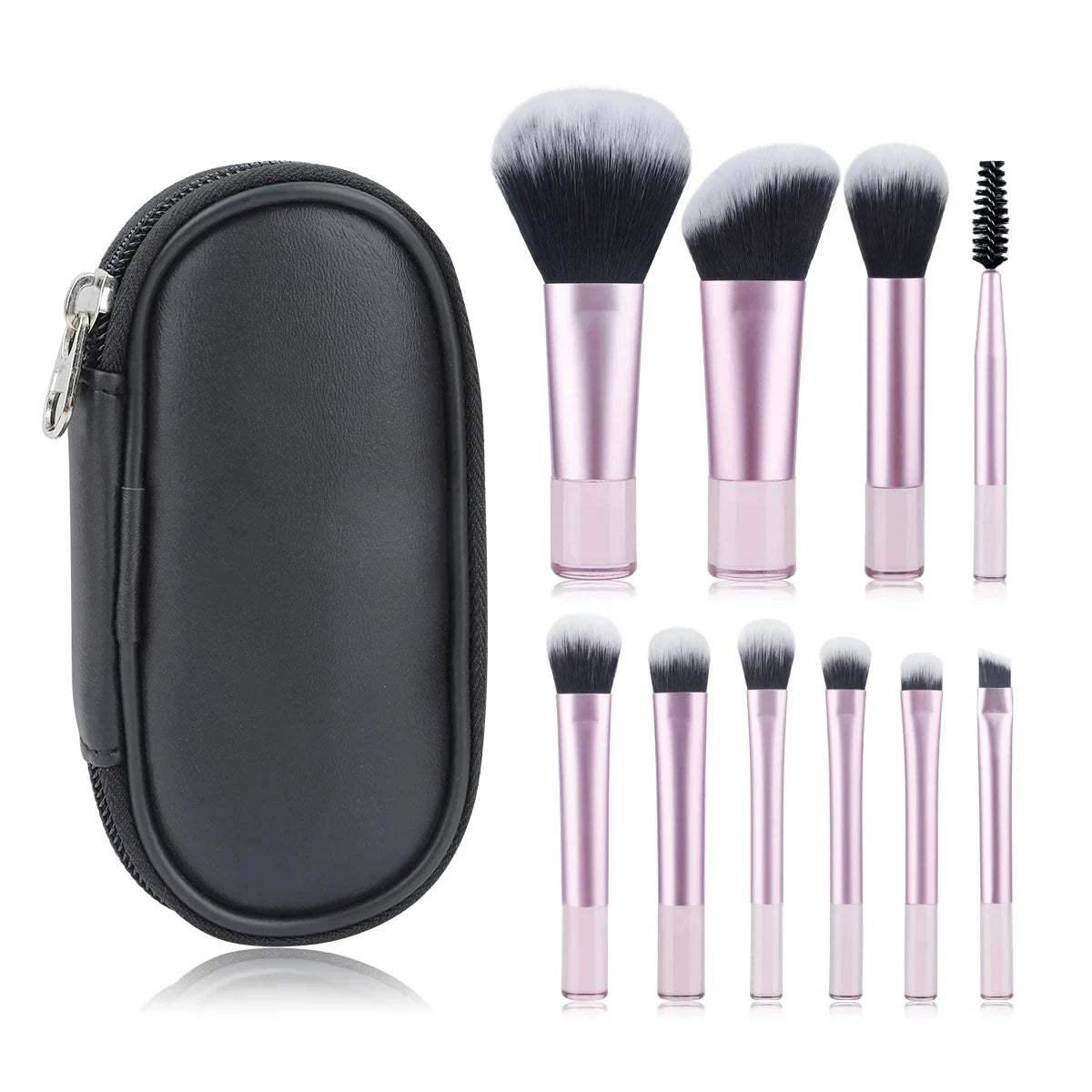 Kit de 10 Brochas de Maquillaje Portátiles para Principiantes con Mango de Cristal y Cosmetiquera