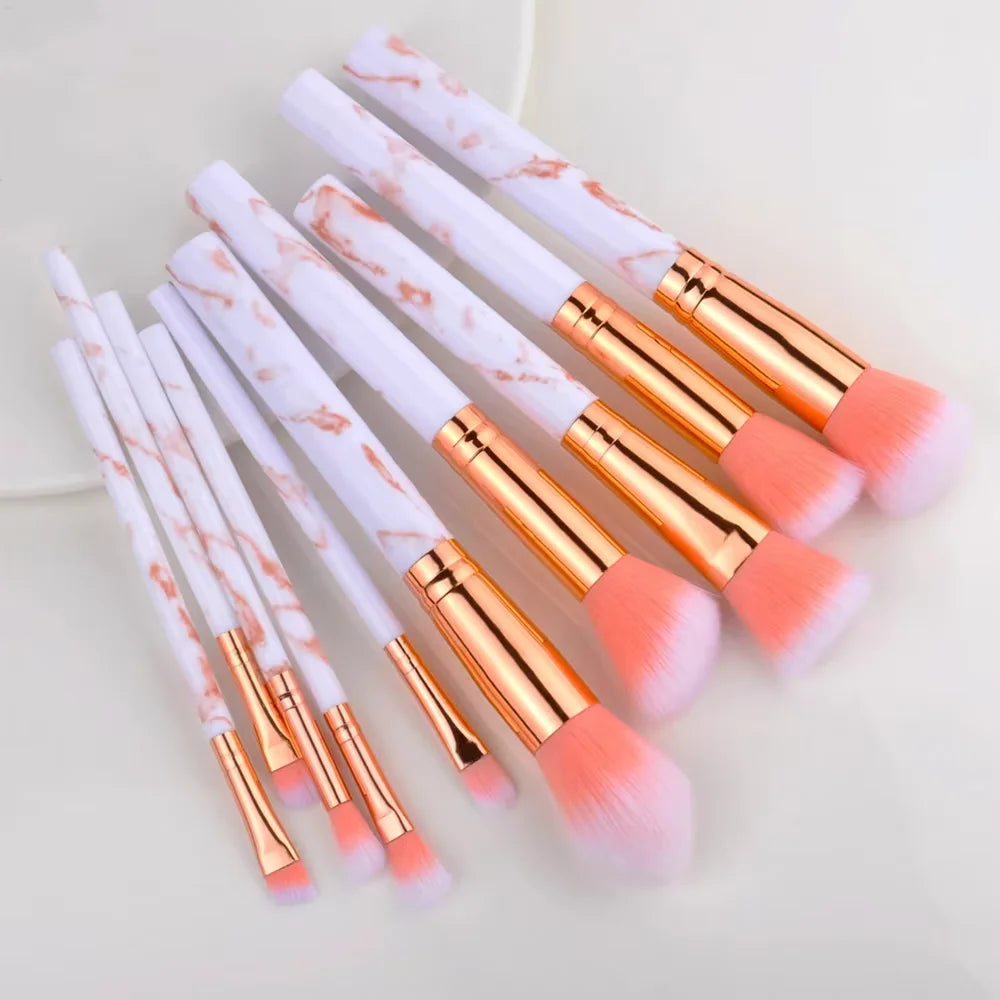 Kit de 10 Brochas de Maquillaje Portátiles para Principiantes con Mango de Cristal y Cosmetiquera