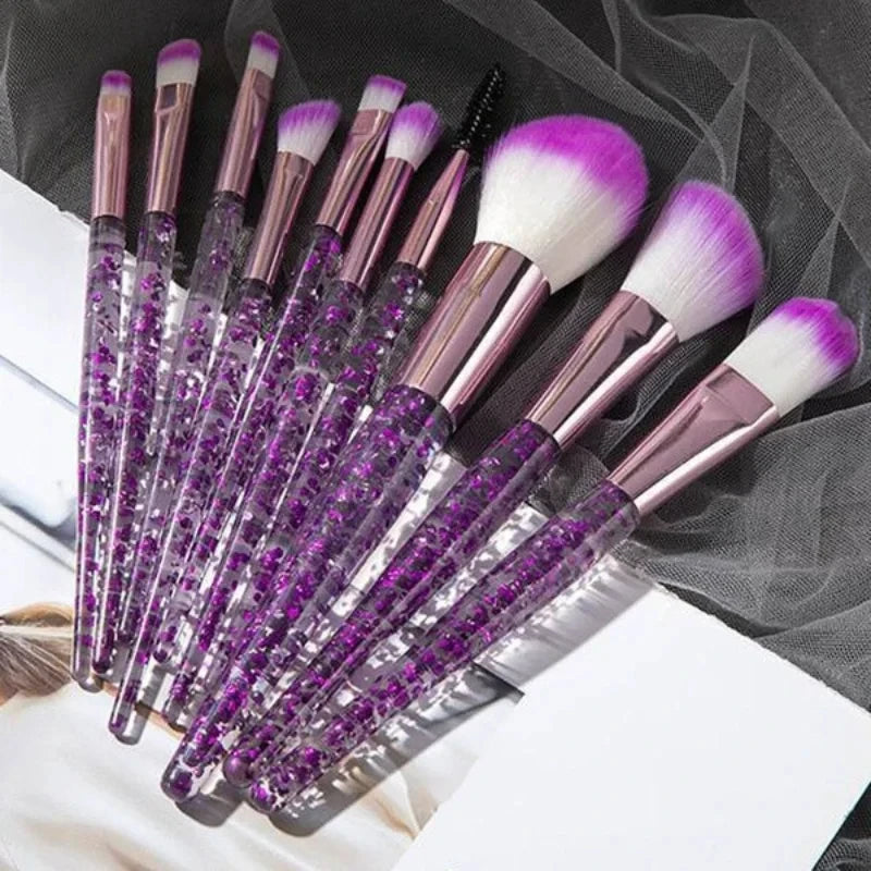 Kit de 10 Brochas de Maquillaje Portátiles para Principiantes con Mango de Cristal y Cosmetiquera