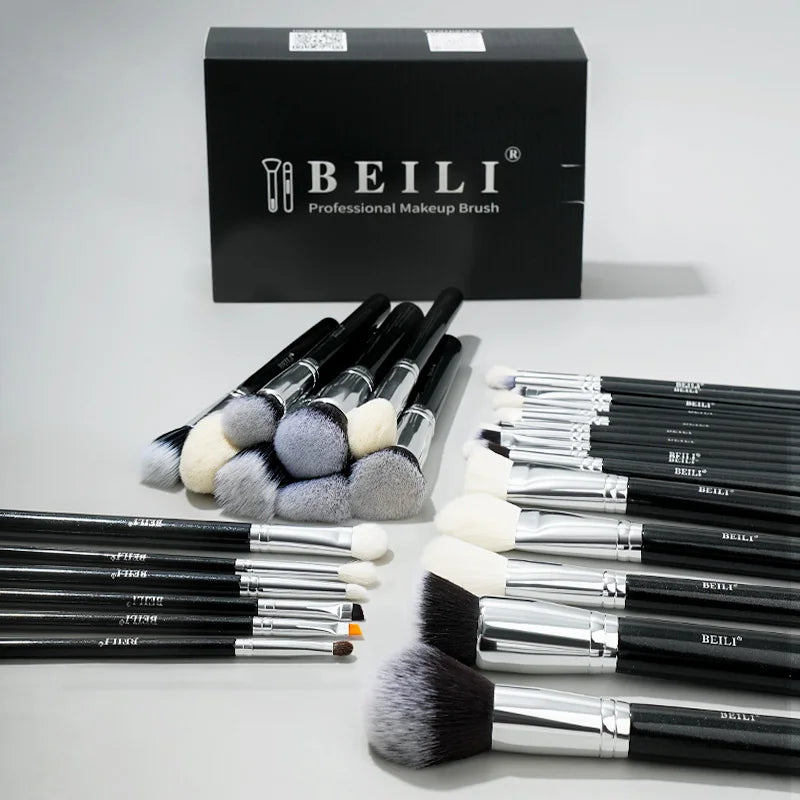 Kit de Brochas Profesionales de Pelo Natural de Cabra (30 Pzs) para Base, Polvo y Rubor