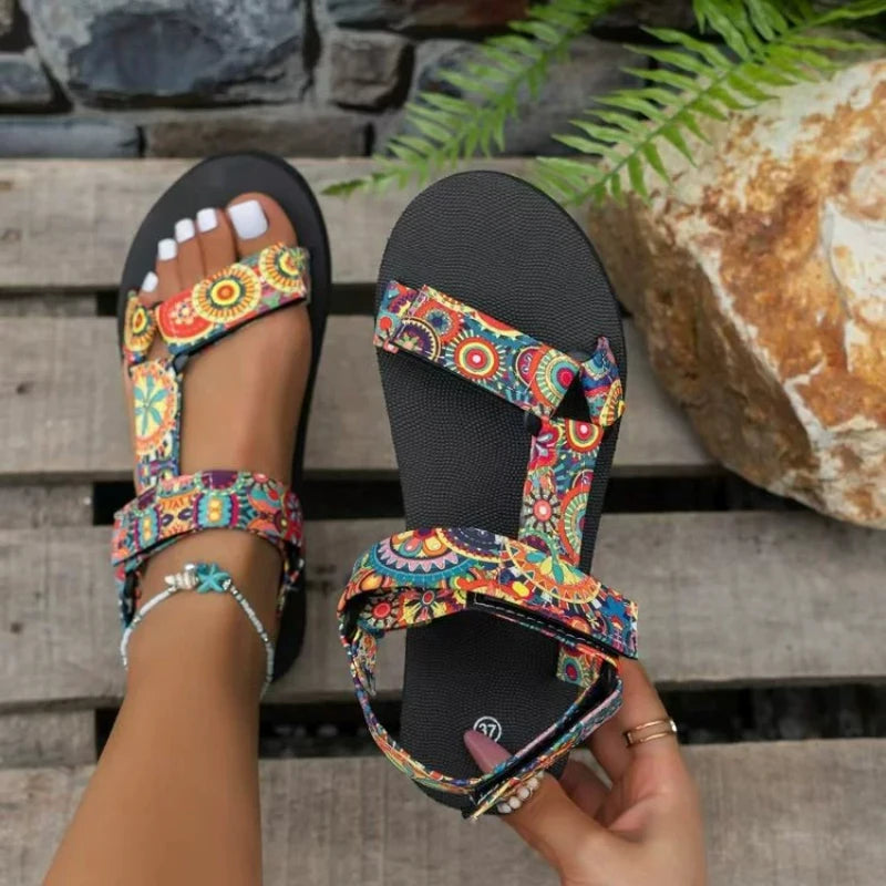 Verano Flat Women's Shoes Outdoor Sandalias Casuales Mujeres Zapatillas Cóñamo Set Foot Beach Sandalias Grande Tamaño Gancho Y Lazo Sandalias