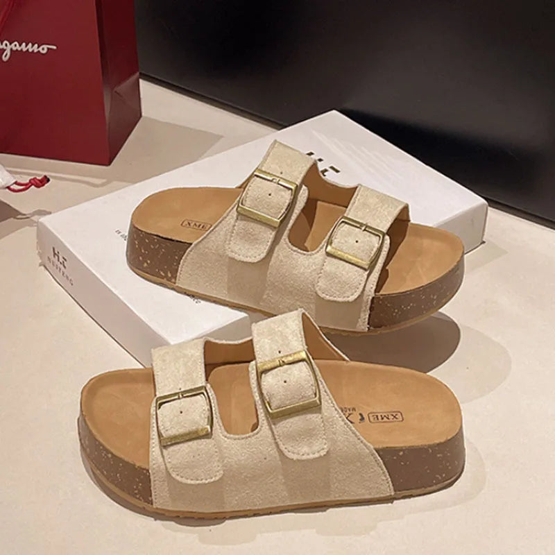 Smile Sandalias de mujer Nuevas sandalias de plataforma de suela suave de verano Zapatillas de estilo romano con hebilla de cinturón populares Zapatillas planas
