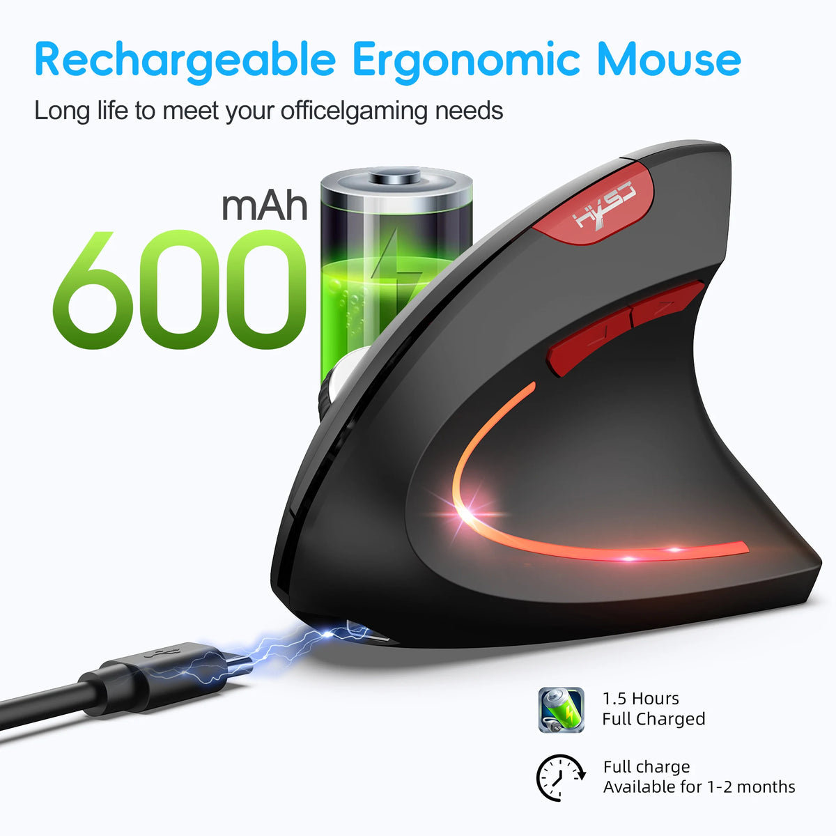 Mouse Ergonómico Vertical HXSJ Doble Modo Recargable
