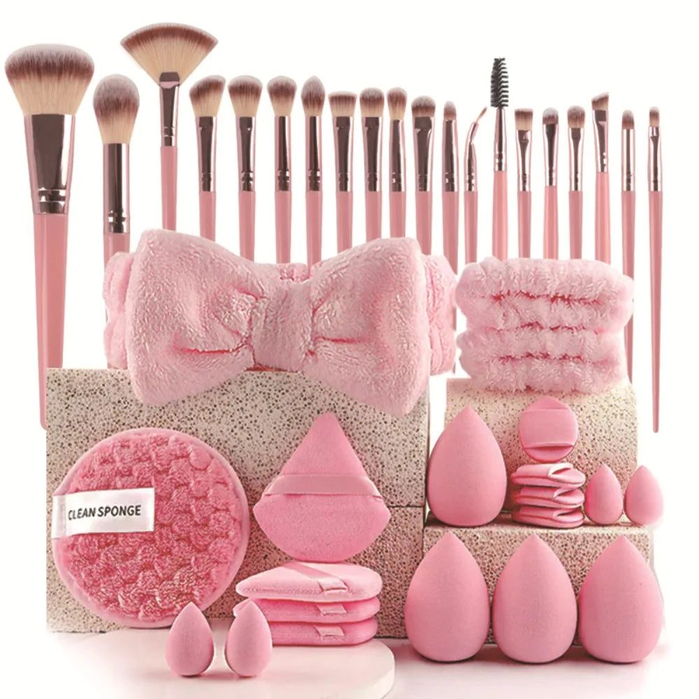 Set de Brochas Profesionales con Diadema y Muñequeras de Spa para Skincare y Maquillaje (20 a 40 Piezas)