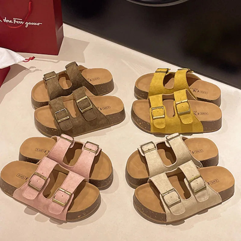 Smile Sandalias de mujer Nuevas sandalias de plataforma de suela suave de verano Zapatillas de estilo romano con hebilla de cinturón populares Zapatillas planas