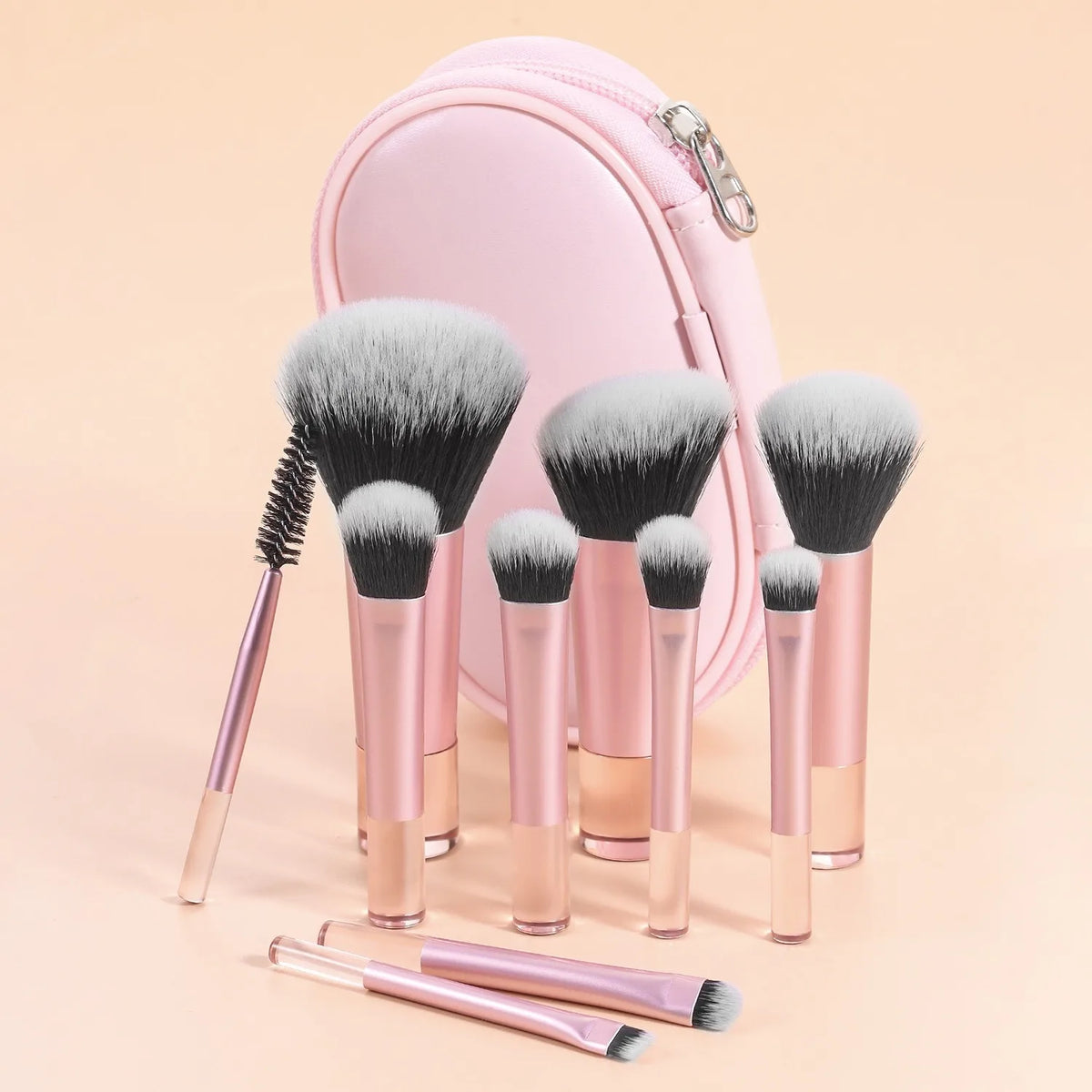 Kit de 10 Brochas de Maquillaje Portátiles para Principiantes con Mango de Cristal y Cosmetiquera