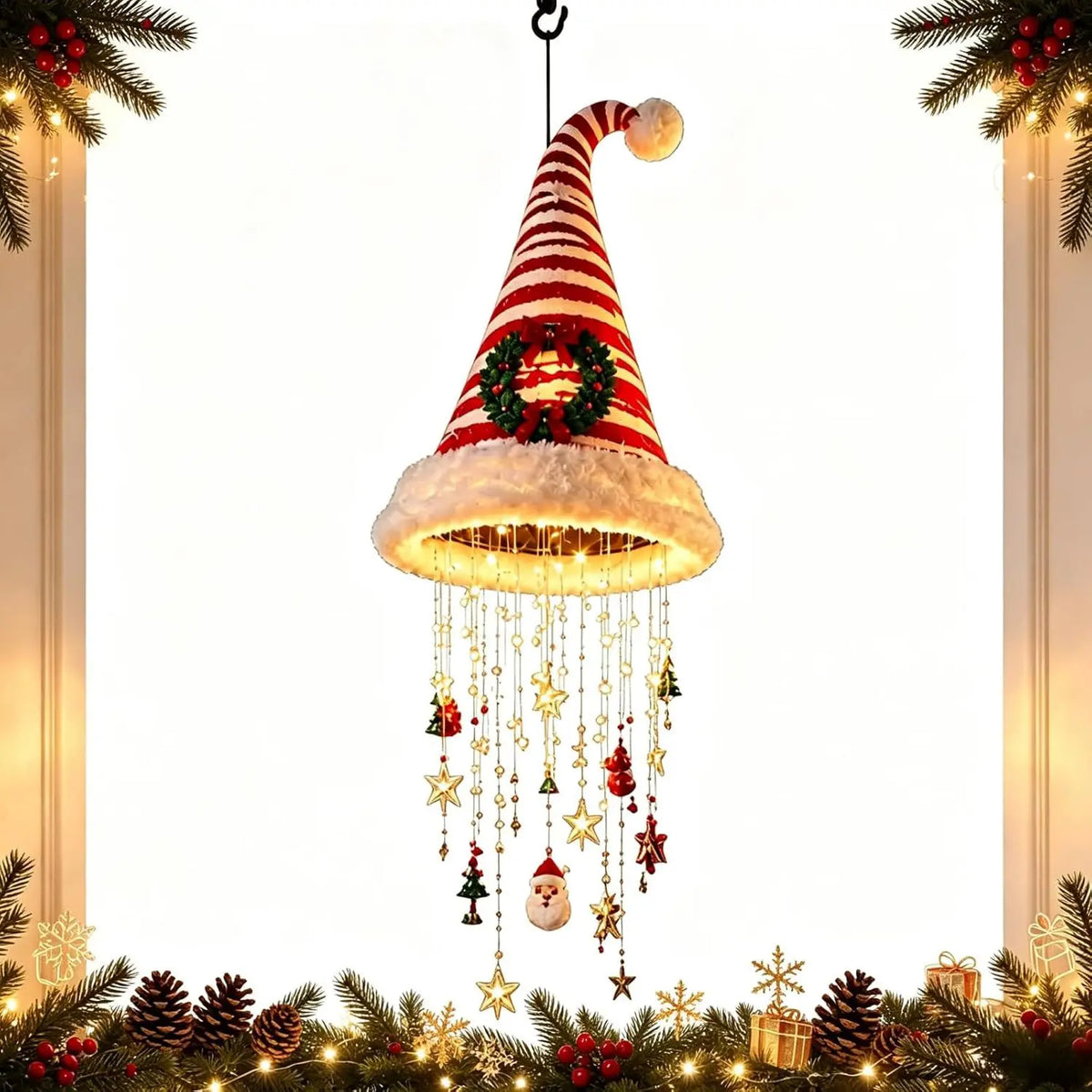 Christmas Santa Hat LED Hanging Light Warm Glowing Chandelier String Lights Xmas Ornament Home Stairway Holiday Party Decor New