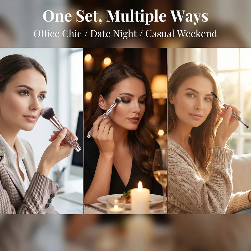5pcs/10pcs Luxury Rhinestone-encrusted Makeup Brushes Set with Rose Gold PU Bag Portable Travel Beauty Tools for Women