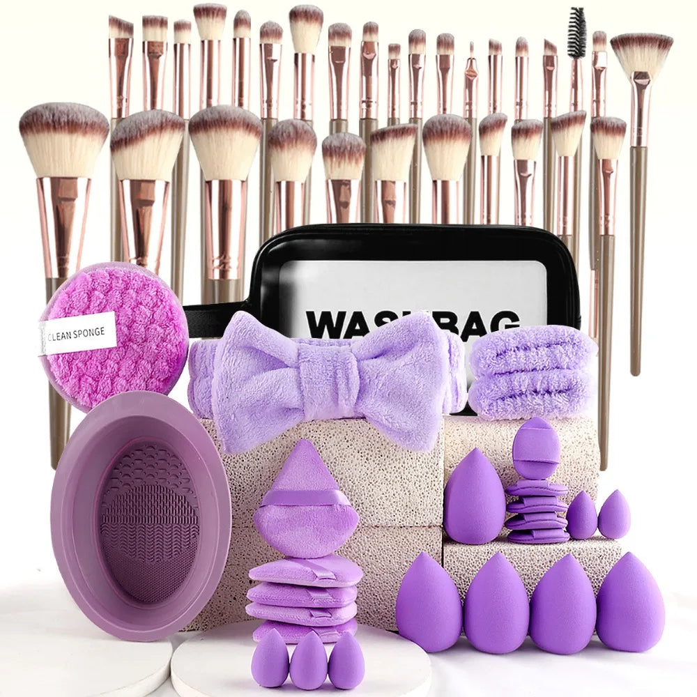 Set de Brochas Profesionales con Diadema y Muñequeras de Spa para Skincare y Maquillaje (20 a 40 Piezas)