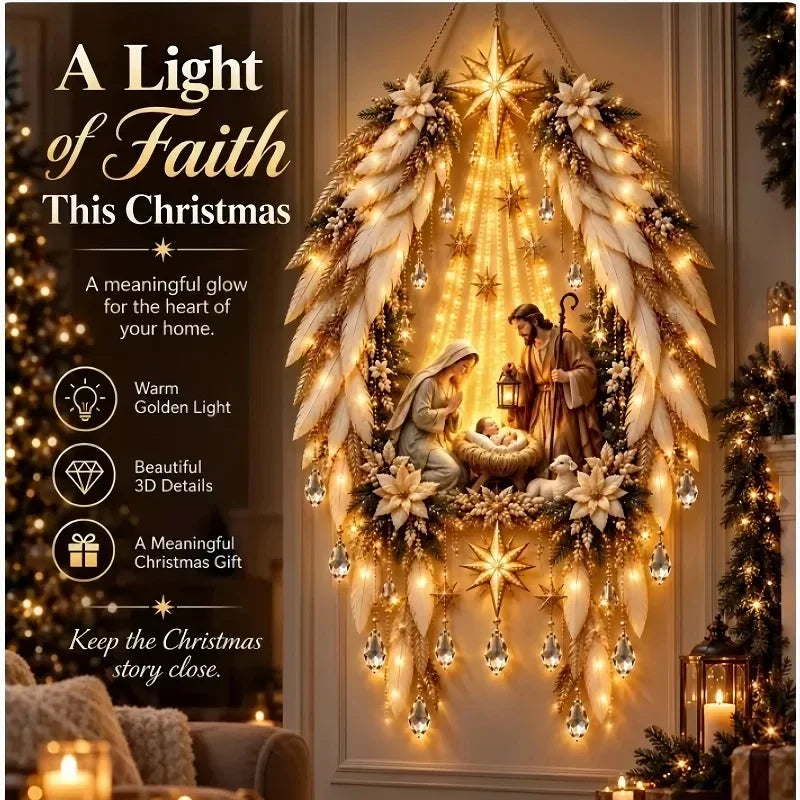 Pesebre de Pared Iluminado Navideño con Luces LED y Estrella de Belén Colgante