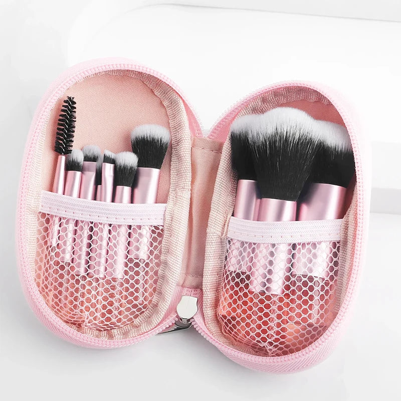 Kit de 10 Brochas de Maquillaje Portátiles para Principiantes con Mango de Cristal y Cosmetiquera