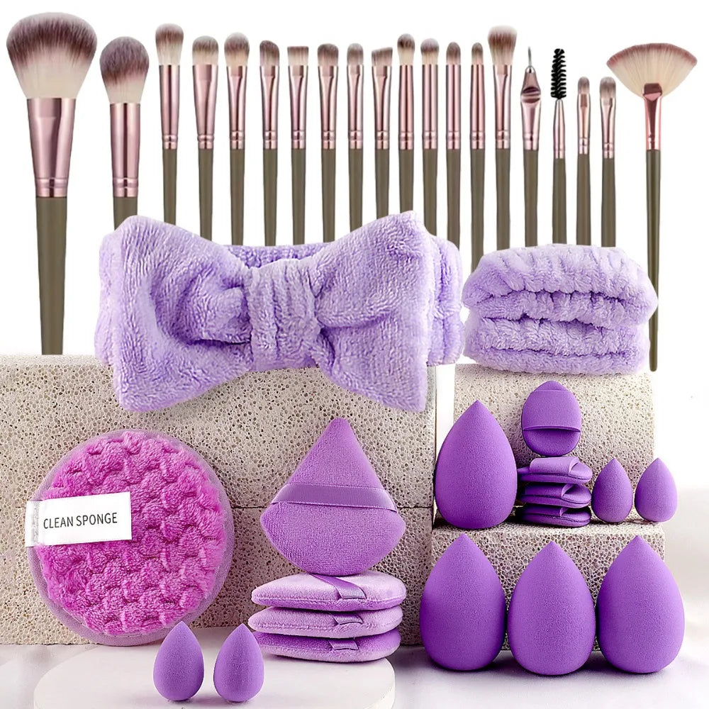 Set de Brochas Profesionales con Diadema y Muñequeras de Spa para Skincare y Maquillaje (20 a 40 Piezas)