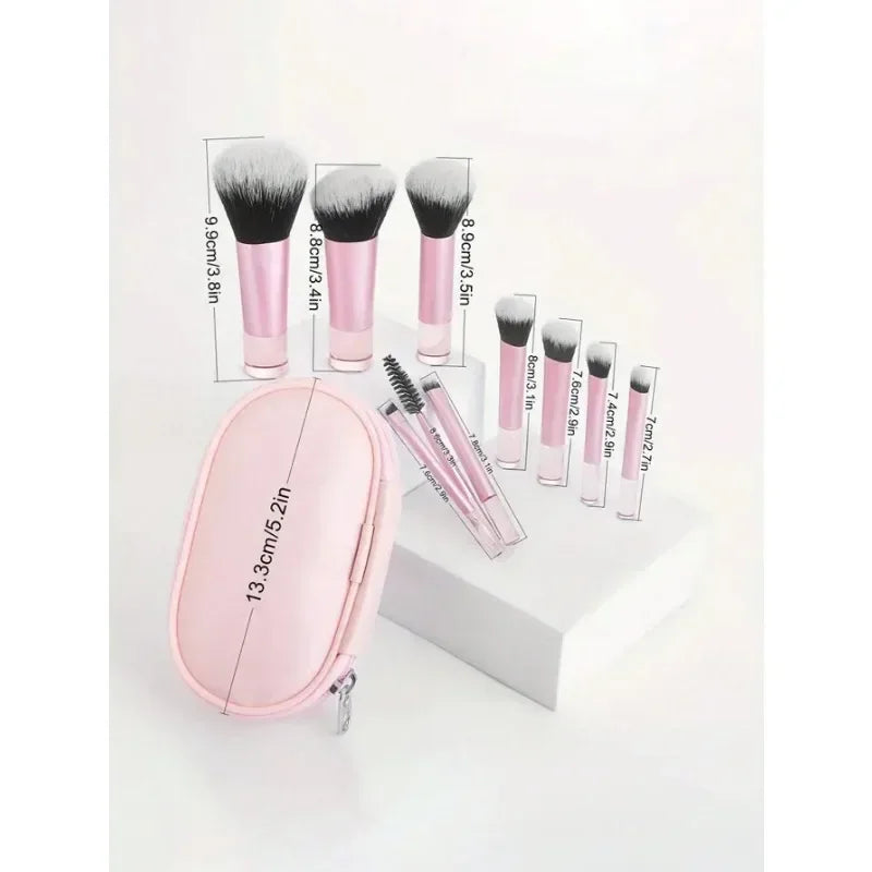 Kit de 10 Brochas de Maquillaje Portátiles para Principiantes con Mango de Cristal y Cosmetiquera