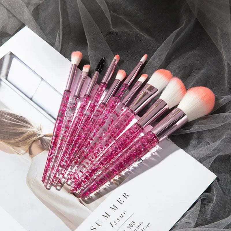 Kit de 10 Brochas de Maquillaje Portátiles para Principiantes con Mango de Cristal y Cosmetiquera