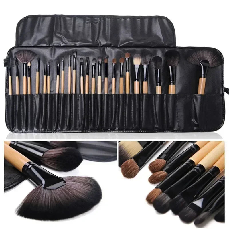 Kit de 24 Brochas de Maquillaje Profesionales para Base, Sombras y Polvo con Estuche