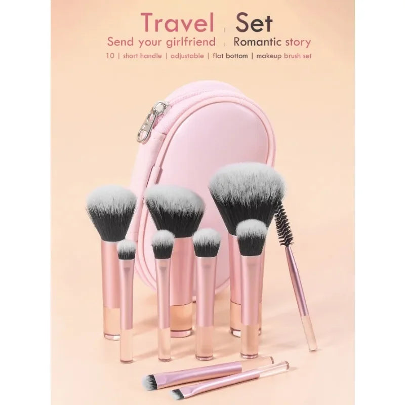 Kit de 10 Brochas de Maquillaje Portátiles para Principiantes con Mango de Cristal y Cosmetiquera