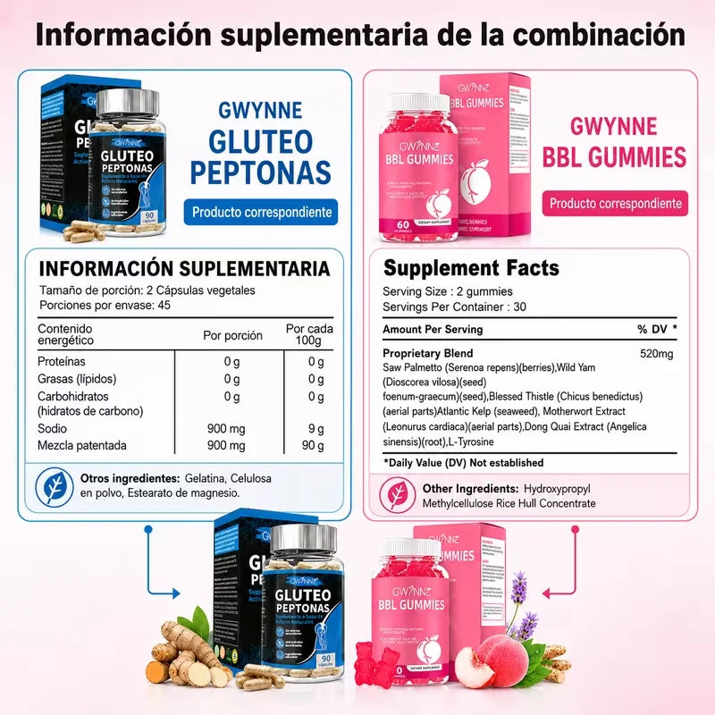 Kit Gwynne BBL para Glúteos y Piernas: Colágeno y Suplemento Deportivo (150 Cápsulas en Total)