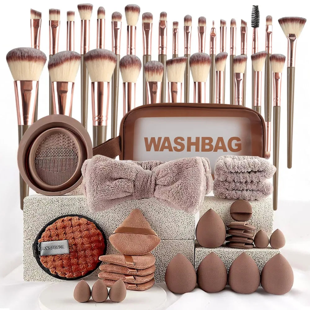 Set de Brochas Profesionales con Diadema y Muñequeras de Spa para Skincare y Maquillaje (20 a 40 Piezas)