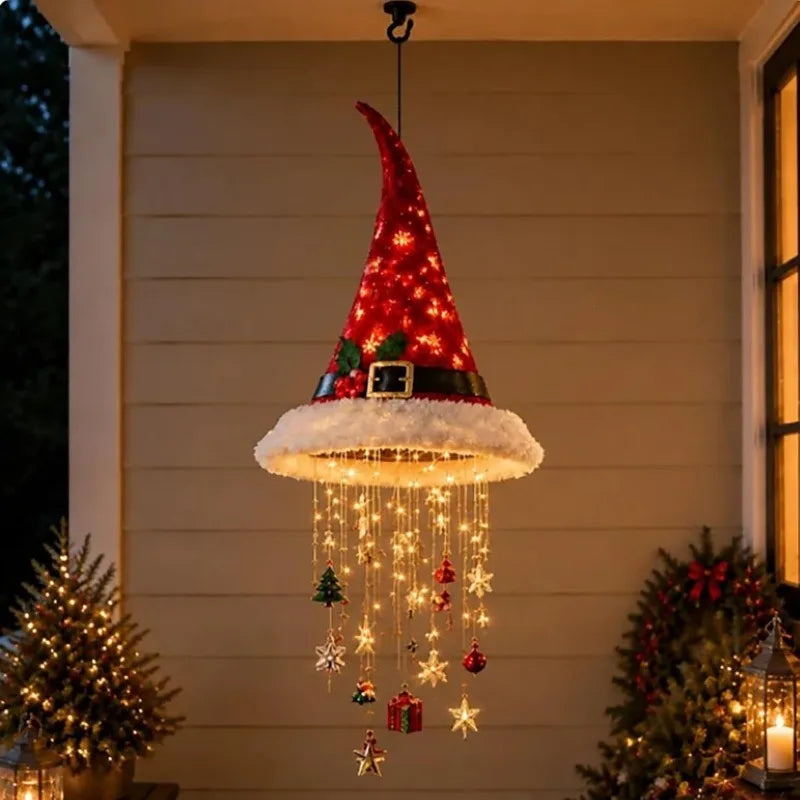 Christmas Santa Hat LED Hanging Light Warm Glowing Chandelier String Lights Xmas Ornament Home Stairway Holiday Party Decor New