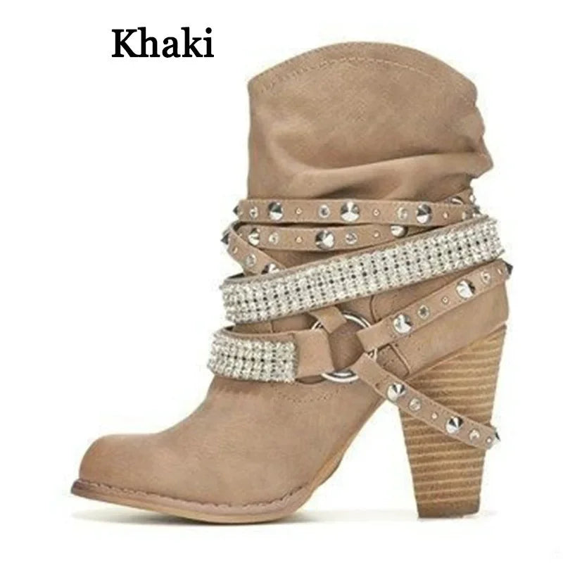 Otoño Invierno Nuevas Mujeres Mid-Calf Boots Remache Metal Decoración PU Correa Cuadrada de Tacón Plisado Sexy Plus Tamaño 36-43 Mujeres Zapatos