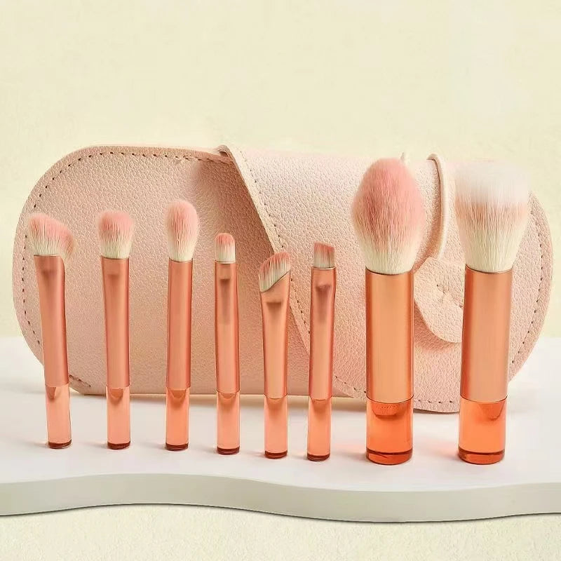 Kit de 10 Brochas de Maquillaje Portátiles para Principiantes con Mango de Cristal y Cosmetiquera