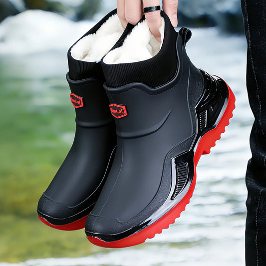 Nuevo Impermeable Pareja Zapatos de Lluvia Invierno Cálido Felpa de Los Hombres Botas de Lluvia Al Aire Libre Antideslizantes Hombres Botas de Trabajo de Moda de los Hombres Botas Tamaño 46
