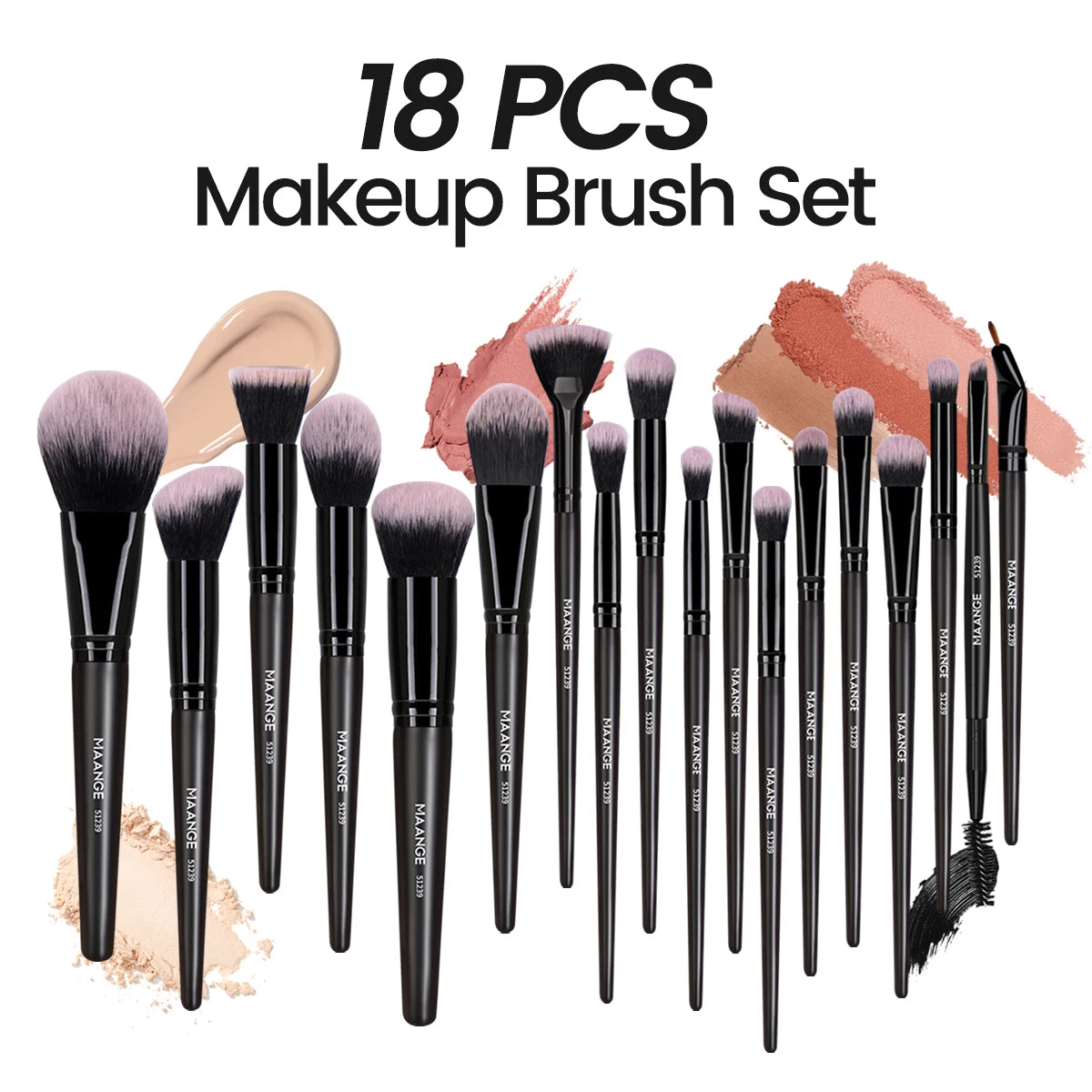 Kit de Brochas Profesionales MAANGE 18 Pzas + Borla para Polvo para Rostro y Ojos